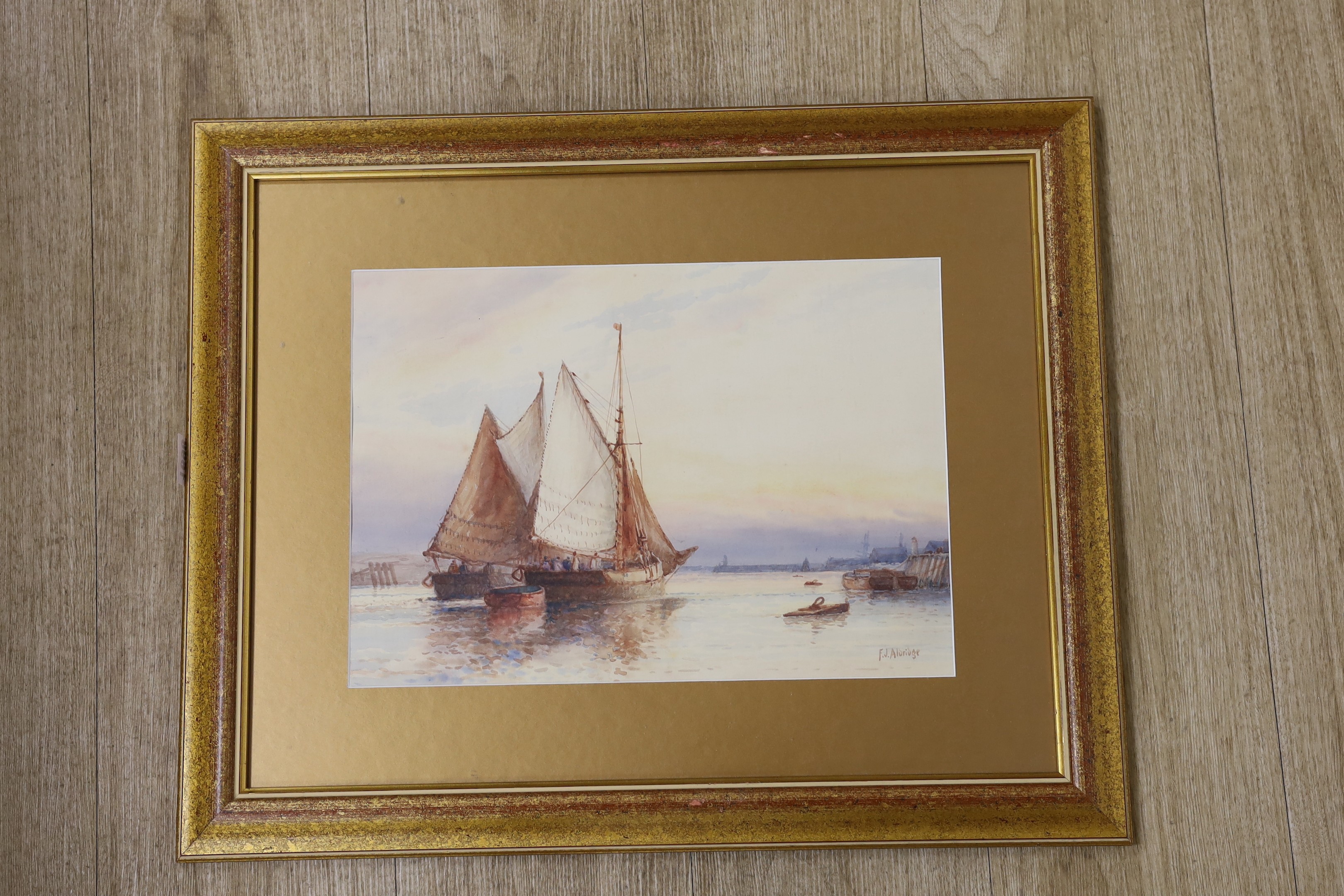 Frederick James Aldridge (1850-1933), watercolour, Sail barges leaving harbour, signed, 26 x 37cm